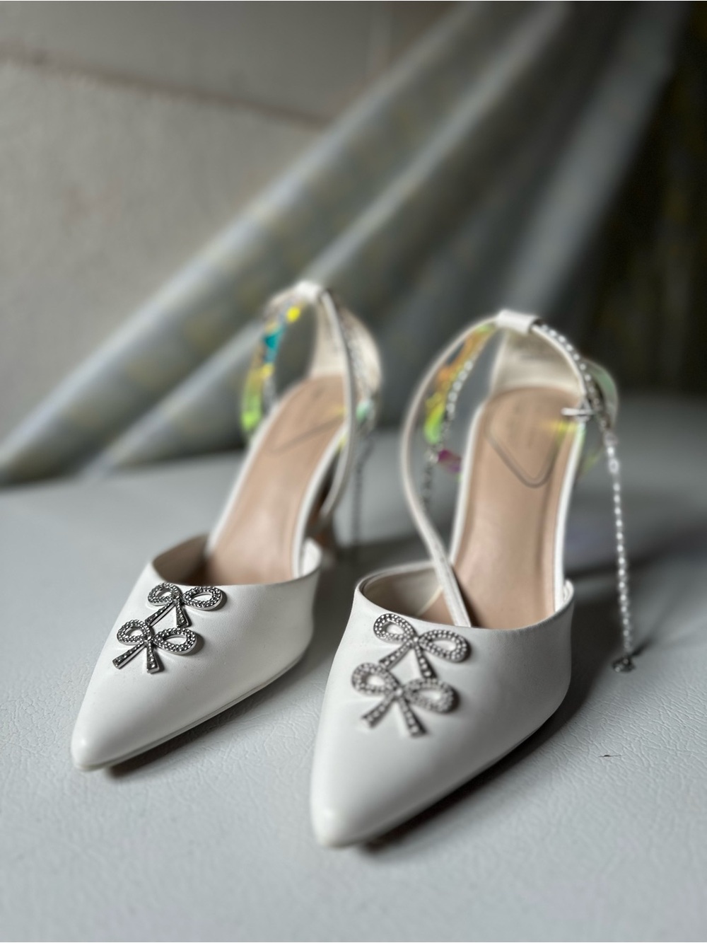 Call It Spring White Heels with Crystal Bow Embellishments